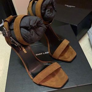 YSL Mica 105 brown western buckle heeled sandals